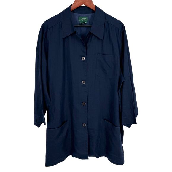 RALPH LAUREN Womens Plus Size 2X 100% LINEN Navy Blue Blouse Shirt Top Nautical - Picture 1 of 8